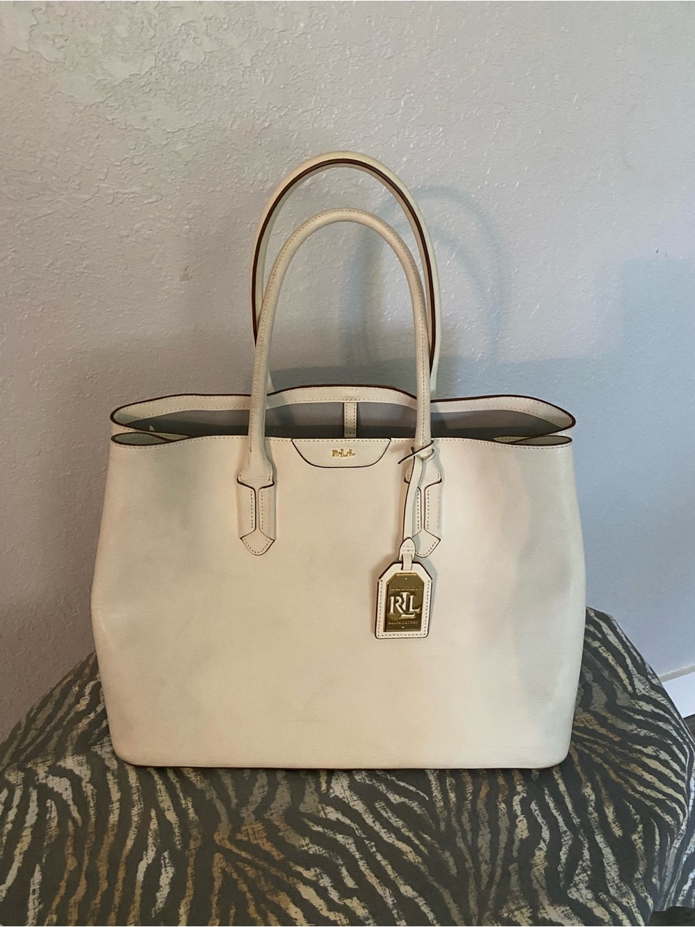 Ralph Lauren Ivory Leather Tote with Gold Tag